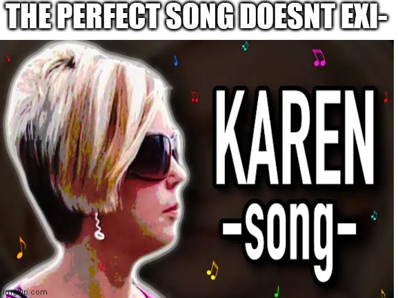 wow, Karen's done it again. | THE PERFECT SONG DOESNT EXI- | image tagged in karen | made w/ Imgflip meme maker