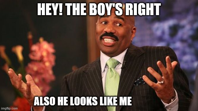 Steve Harvey Meme | HEY! THE BOY'S RIGHT ALSO HE LOOKS LIKE ME | image tagged in memes,steve harvey | made w/ Imgflip meme maker