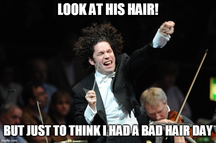 Orchestra Conductor | LOOK AT HIS HAIR! BUT JUST TO THINK I HAD A BAD HAIR DAY | image tagged in orchestra conductor | made w/ Imgflip meme maker