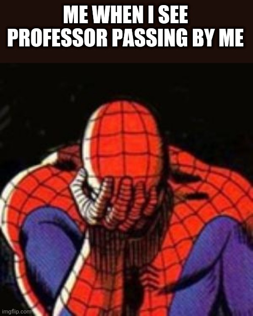 Sad Spiderman Meme | ME WHEN I SEE PROFESSOR PASSING BY ME | image tagged in memes,sad spiderman,spiderman | made w/ Imgflip meme maker