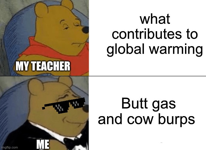 Tuxedo Winnie The Pooh Meme | what contributes to global warming; MY TEACHER; Butt gas and cow burps; ME | image tagged in memes,tuxedo winnie the pooh | made w/ Imgflip meme maker