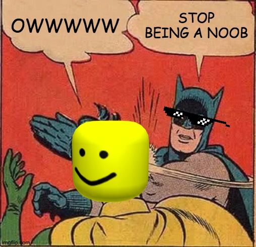 Batman slaps a noob | OWWWWW; STOP BEING A NOOB | image tagged in memes,batman slapping robin | made w/ Imgflip meme maker