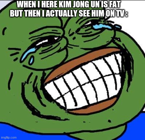 Laughing PEPE | WHEN I HERE KIM JONG UN IS FAT BUT THEN I ACTUALLY SEE HIM ON TV : | image tagged in laughing pepe | made w/ Imgflip meme maker