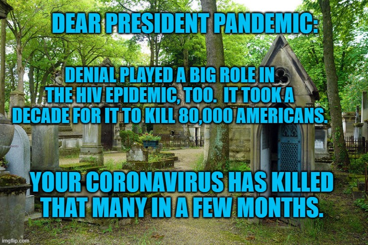 President Pandemic's Denial | DEAR PRESIDENT PANDEMIC:; DENIAL PLAYED A BIG ROLE IN THE HIV EPIDEMIC, TOO.  IT TOOK A DECADE FOR IT TO KILL 80,000 AMERICANS. YOUR CORONAVIRUS HAS KILLED THAT MANY IN A FEW MONTHS. | image tagged in politics | made w/ Imgflip meme maker
