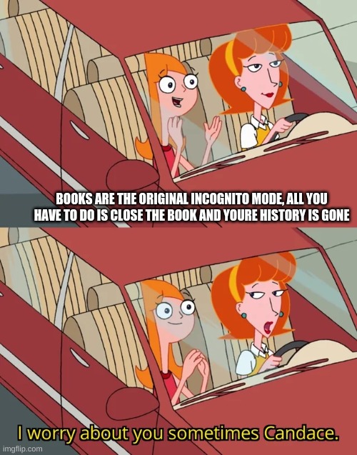 I worry about you sometimes Candace | BOOKS ARE THE ORIGINAL INCOGNITO MODE, ALL YOU HAVE TO DO IS CLOSE THE BOOK AND YOURE HISTORY IS GONE | image tagged in i worry about you sometimes candace | made w/ Imgflip meme maker