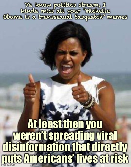 Next time y’all wanna make a meme whining about face masks, try being racist and sexist against Michelle instead | Ya know politics stream, I kinda miss all your “Michelle Obama is a transsexual Sasquatch” memes; At least then you weren’t spreading viral disinformation that directly puts Americans’ lives at risk | image tagged in michelle obama approves,conservative logic,memes about memes,politics,covid-19,face mask | made w/ Imgflip meme maker
