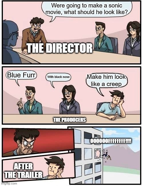 sonic | Were going to make a sonic movie, what should he look like? THE DIRECTOR; Blue Furr; With black nose; Make him look like a creep; THE PRODUCERS; OOOOOOFFFFFFFF!!!! AFTER THE TRAILER | image tagged in memes,boardroom meeting suggestion | made w/ Imgflip meme maker