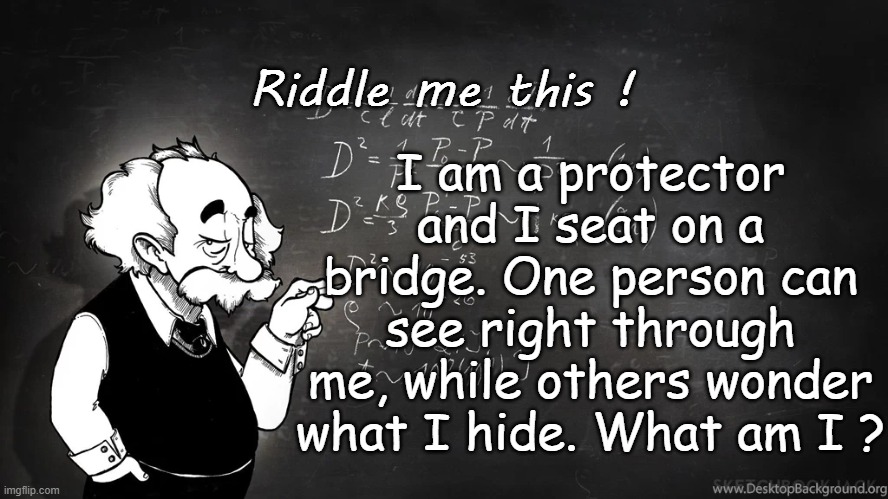 I am a protector and I seat on a bridge. One person can see right through me, while others wonder what I hide. What am I ? Riddle me this ! | image tagged in riddles and brainteasers,funnny | made w/ Imgflip meme maker