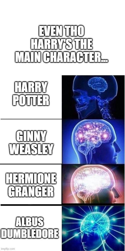 Even Tho Harry's The Main Character... | EVEN THO HARRY'S THE MAIN CHARACTER... HARRY POTTER; GINNY WEASLEY; HERMIONE GRANGER; ALBUS DUMBLEDORE | image tagged in memes,expanding brain,harry potter,ginny weasley,hermione granger,albus dumbledore | made w/ Imgflip meme maker