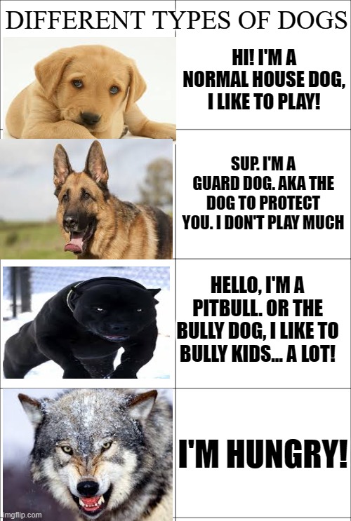 DIFFERENT TYPES OF DOGS; HI! I'M A NORMAL HOUSE DOG, I LIKE TO PLAY! SUP. I'M A GUARD DOG. AKA THE DOG TO PROTECT YOU. I DON'T PLAY MUCH; HELLO, I'M A PITBULL. OR THE BULLY DOG, I LIKE TO BULLY KIDS... A LOT! I'M HUNGRY! | image tagged in 4 panel comic,blank comic | made w/ Imgflip meme maker