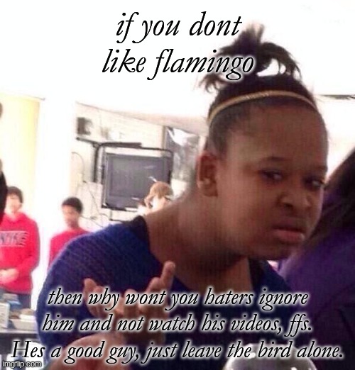 Black Girl Wat Meme | if you dont like flamingo then why wont you haters ignore him and not watch his videos, ffs. Hes a good guy, just leave the bird alone. | image tagged in memes,black girl wat | made w/ Imgflip meme maker
