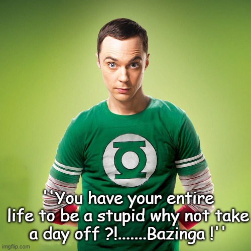 ''You have your entire life to be a stupid why not take a day off ?!.......Bazinga !'' | image tagged in sheldon cooper,funny memes,funny,bazinga | made w/ Imgflip meme maker