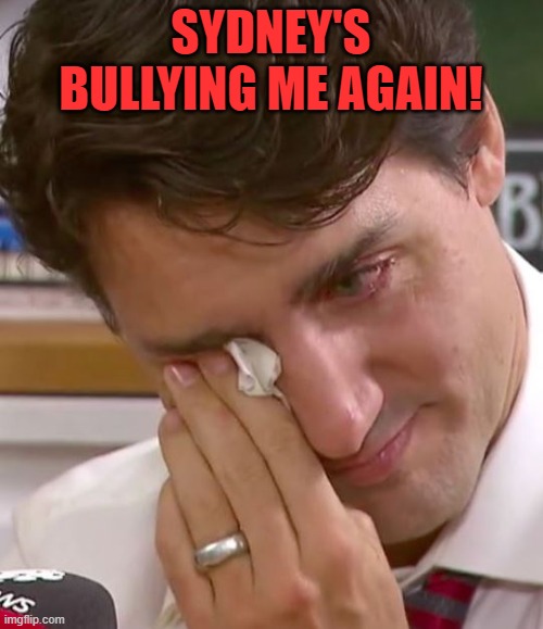 Justin Trudeau Crying | SYDNEY'S BULLYING ME AGAIN! | image tagged in justin trudeau crying | made w/ Imgflip meme maker