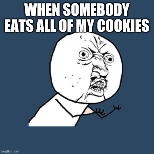 Y U No | WHEN SOMEBODY EATS ALL OF MY COOKIES | image tagged in memes,y u no | made w/ Imgflip meme maker