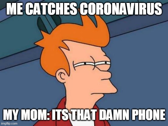 Futurama Fry | ME CATCHES CORONAVIRUS; MY MOM: ITS THAT DAMN PHONE | image tagged in memes,futurama fry | made w/ Imgflip meme maker