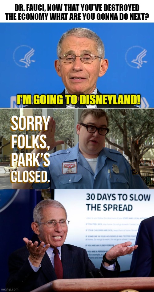 I'm Going to Disneyland! | DR. FAUCI, NOW THAT YOU'VE DESTROYED THE ECONOMY WHAT ARE YOU GONNA DO NEXT? I'M GOING TO DISNEYLAND! | image tagged in dr fauci,sorry folks parks closed,coronavirus,covid-19 | made w/ Imgflip meme maker