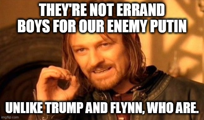 One Does Not Simply Meme | THEY'RE NOT ERRAND BOYS FOR OUR ENEMY PUTIN UNLIKE TRUMP AND FLYNN, WHO ARE. | image tagged in memes,one does not simply | made w/ Imgflip meme maker