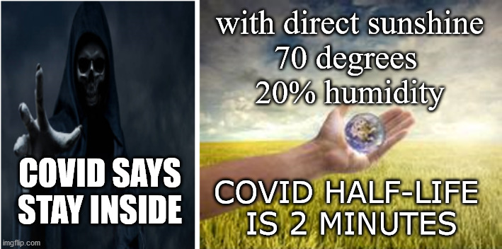 covid death vs normal life | with direct sunshine
70 degrees 
20% humidity; COVID SAYS
STAY INSIDE; COVID HALF-LIFE 
IS 2 MINUTES | image tagged in covid death vs normal life | made w/ Imgflip meme maker