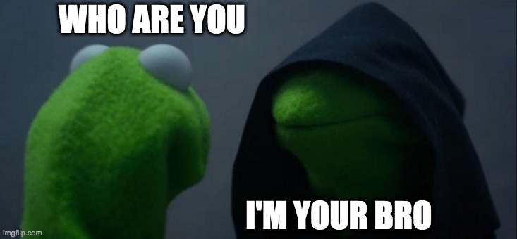 Evil Kermit | WHO ARE YOU; I'M YOUR BRO | image tagged in memes,evil kermit | made w/ Imgflip meme maker