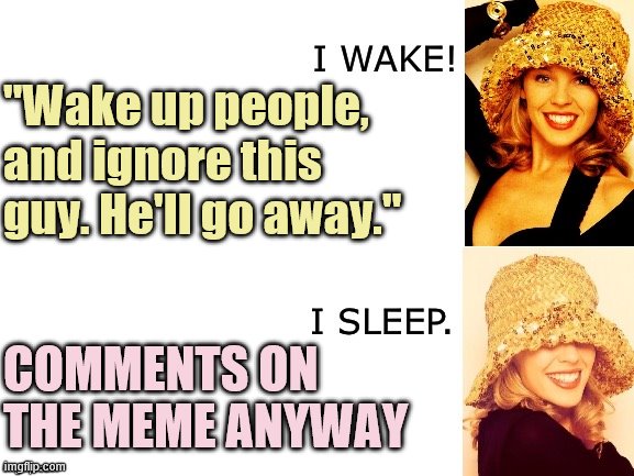 When they want to ignore you until you go away, but then... | "Wake up people, and ignore this guy. He'll go away."; COMMENTS ON THE MEME ANYWAY | image tagged in kylie i wake/i sleep,imgflip trolls,trolling the troll,internet troll,meme comments,the daily struggle imgflip edition | made w/ Imgflip meme maker