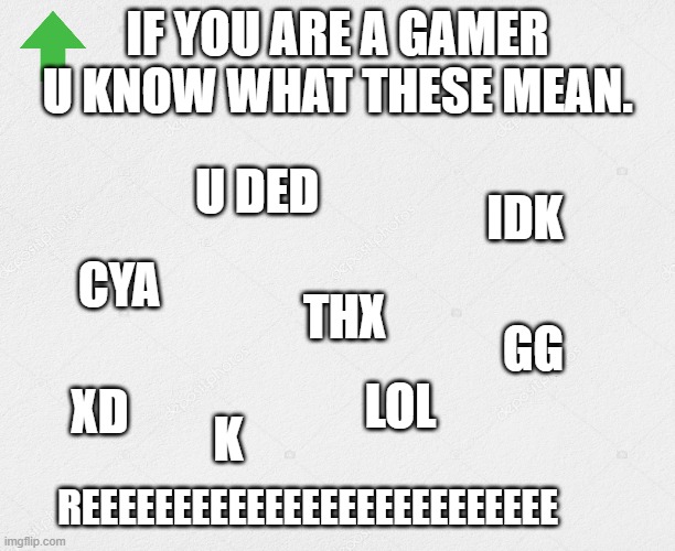 R U A Gamer | IF YOU ARE A GAMER U KNOW WHAT THESE MEAN. U DED; IDK; CYA; THX; GG; LOL; XD; K; REEEEEEEEEEEEEEEEEEEEEEEEEE | image tagged in gamer,upvotes,do you know this | made w/ Imgflip meme maker
