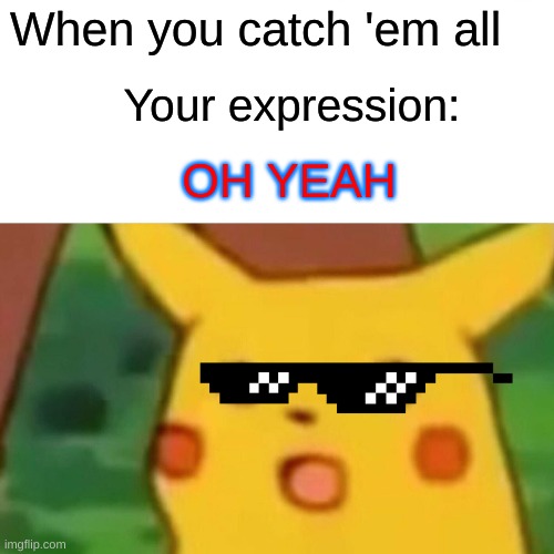 Surprised Pikachu Meme | When you catch 'em all; Your expression:; OH YEAH | image tagged in memes,surprised pikachu | made w/ Imgflip meme maker