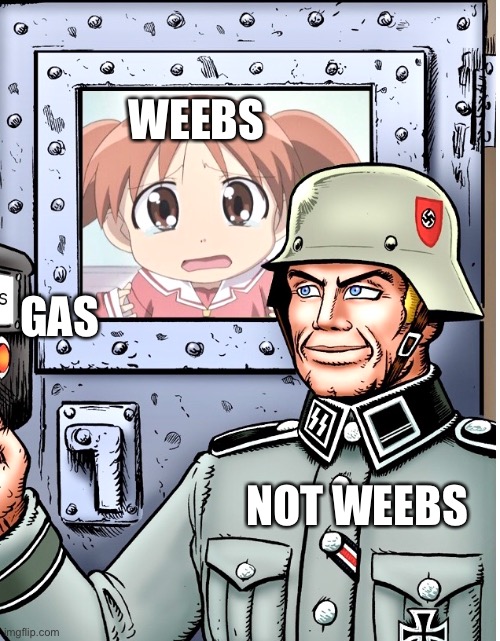 Kill weebs | WEEBS; GAS; NOT WEEBS | image tagged in nazi,gas,anime | made w/ Imgflip meme maker