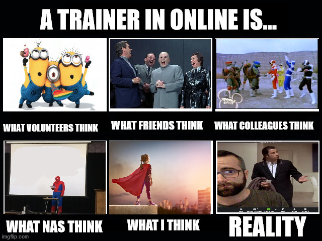 A trainer´s life in online | A TRAINER IN ONLINE IS... WHAT FRIENDS THINK; WHAT COLLEAGUES THINK; WHAT VOLUNTEERS THINK; REALITY; WHAT NAS THINK; WHAT I THINK | image tagged in what my friends think i do | made w/ Imgflip meme maker
