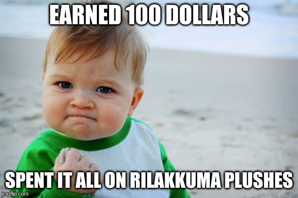 Success Kid Original Meme | EARNED 100 DOLLARS; SPENT IT ALL ON RILAKKUMA PLUSHES | image tagged in memes,success kid original | made w/ Imgflip meme maker