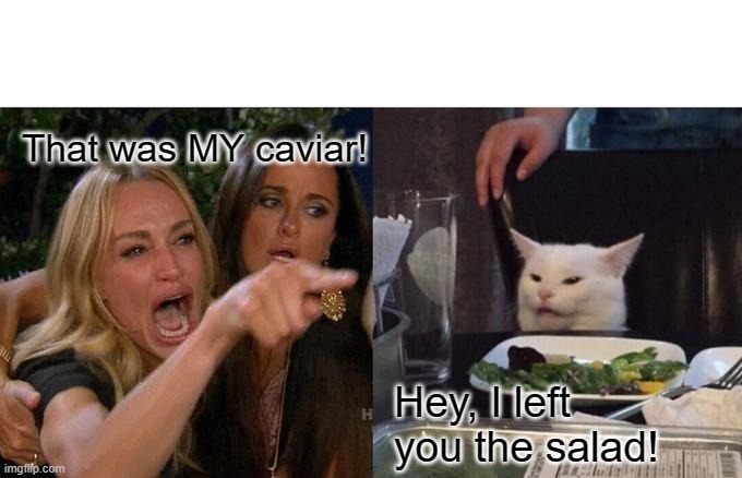 Woman Yelling At Cat | That was MY caviar! Hey, I left you the salad! | image tagged in memes,woman yelling at cat | made w/ Imgflip meme maker