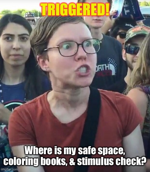 super_triggered | TRIGGERED! Where is my safe space, coloring books, & stimulus check? | image tagged in super_triggered | made w/ Imgflip meme maker