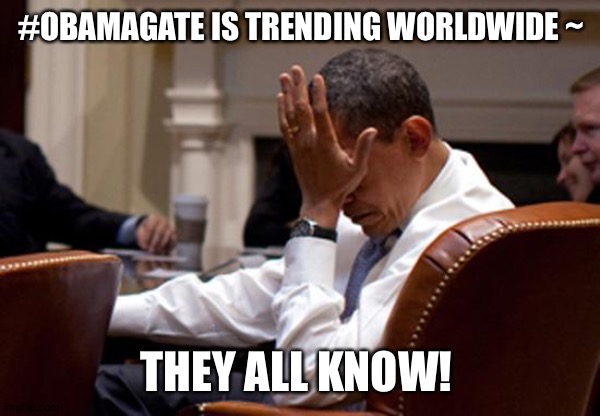 Obama Face Palm | #OBAMAGATE IS TRENDING WORLDWIDE ~; THEY ALL KNOW! | image tagged in obama face palm | made w/ Imgflip meme maker