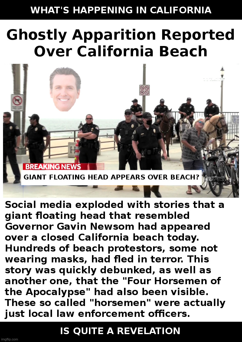 Ghostly Apparition Reported Over California Beach | image tagged in gavin newsom,california,beach,coronavirus,lockdown,protest | made w/ Imgflip meme maker
