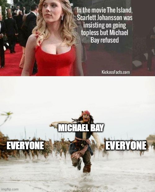 God dammit, Michael! | MICHAEL BAY; EVERYONE; EVERYONE | image tagged in memes,jack sparrow being chased,funny,scarlett johansson,michael bay | made w/ Imgflip meme maker