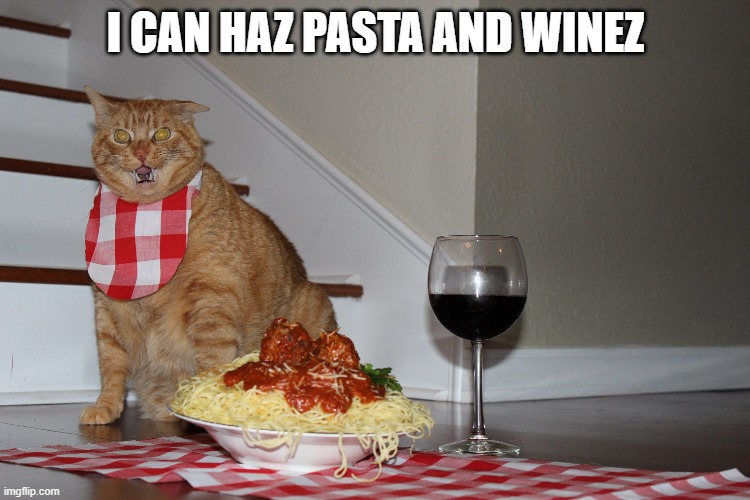 cat eating spaghetti | I CAN HAZ PASTA AND WINEZ | image tagged in cats,spaghetti,wine | made w/ Imgflip meme maker