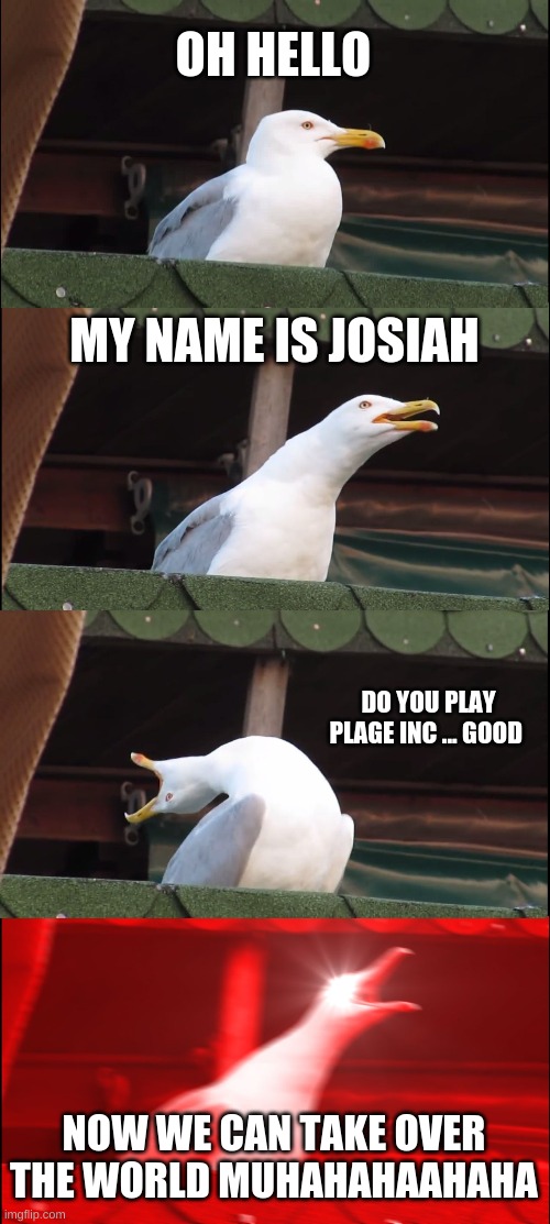 Oh, hello >:) | OH HELLO; MY NAME IS JOSIAH; DO YOU PLAY PLAGE INC ... GOOD; NOW WE CAN TAKE OVER THE WORLD MUHAHAHAAHAHA | image tagged in memes,inhaling seagull | made w/ Imgflip meme maker