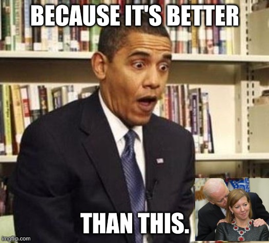 Obama surprised | BECAUSE IT'S BETTER THAN THIS. | image tagged in obama surprised | made w/ Imgflip meme maker