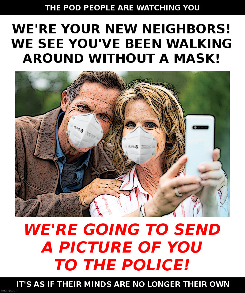 The Pod People Are Watching YOU! | image tagged in coronavirus,lockdown,invasion of the body snatchers,mask,nazi,insanity | made w/ Imgflip meme maker