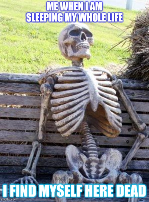 Waiting Skeleton | ME WHEN I AM SLEEPING MY WHOLE LIFE; I FIND MYSELF HERE DEAD | image tagged in memes,waiting skeleton | made w/ Imgflip meme maker