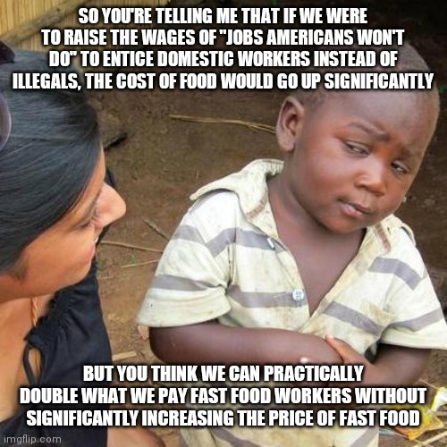 Third World Skeptical Kid | SO YOU'RE TELLING ME THAT IF WE WERE TO RAISE THE WAGES OF "JOBS AMERICANS WON'T DO" TO ENTICE DOMESTIC WORKERS INSTEAD OF ILLEGALS, THE COST OF FOOD WOULD GO UP SIGNIFICANTLY; BUT YOU THINK WE CAN PRACTICALLY DOUBLE WHAT WE PAY FAST FOOD WORKERS WITHOUT SIGNIFICANTLY INCREASING THE PRICE OF FAST FOOD | image tagged in memes,third world skeptical kid | made w/ Imgflip meme maker