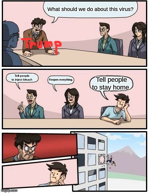 Boardroom Meeting Suggestion | What should we do about this virus? Tell people to inject bleach; Reopen everything. Tell people to stay home. | image tagged in memes,boardroom meeting suggestion | made w/ Imgflip meme maker