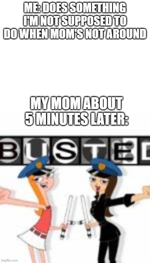 ME: DOES SOMETHING I'M NOT SUPPOSED TO DO WHEN MOM'S NOT AROUND; MY MOM ABOUT 5 MINUTES LATER: | image tagged in blank white template,phineas and ferb,busted | made w/ Imgflip meme maker