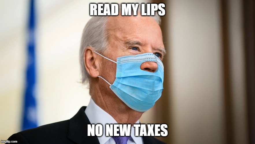 Read my lips | READ MY LIPS; NO NEW TAXES | image tagged in joe biden,taxes,face mask | made w/ Imgflip meme maker