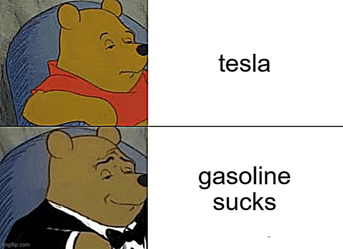 Tuxedo Winnie The Pooh Meme | tesla; gasoline sucks | image tagged in memes,tuxedo winnie the pooh | made w/ Imgflip meme maker