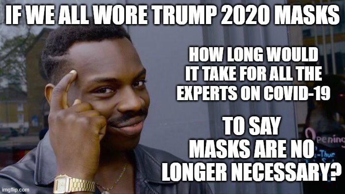 think about it | IF WE ALL WORE TRUMP 2020 MASKS; HOW LONG WOULD IT TAKE FOR ALL THE EXPERTS ON COVID-19; TO SAY MASKS ARE NO LONGER NECESSARY? | image tagged in memes,roll safe think about it | made w/ Imgflip meme maker