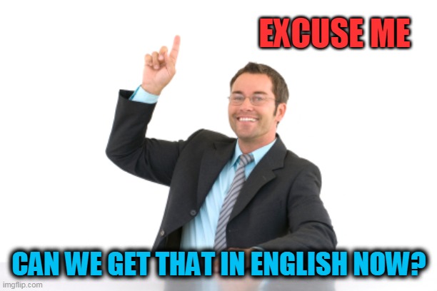 Hand raised | EXCUSE ME CAN WE GET THAT IN ENGLISH NOW? | image tagged in hand raised | made w/ Imgflip meme maker