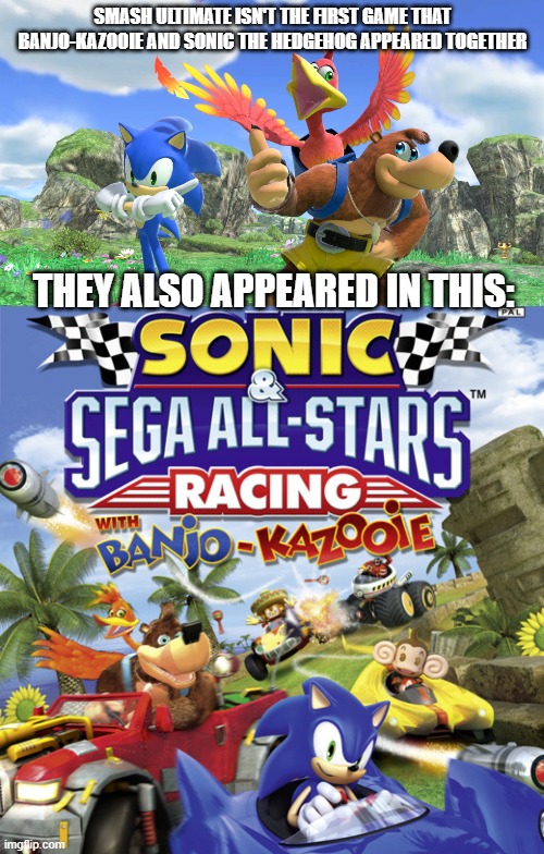 just something I wanted to share.... | SMASH ULTIMATE ISN'T THE FIRST GAME THAT BANJO-KAZOOIE AND SONIC THE HEDGEHOG APPEARED TOGETHER; THEY ALSO APPEARED IN THIS: | image tagged in super smash bros,sonic the hedgehog,banjo-kazooie | made w/ Imgflip meme maker