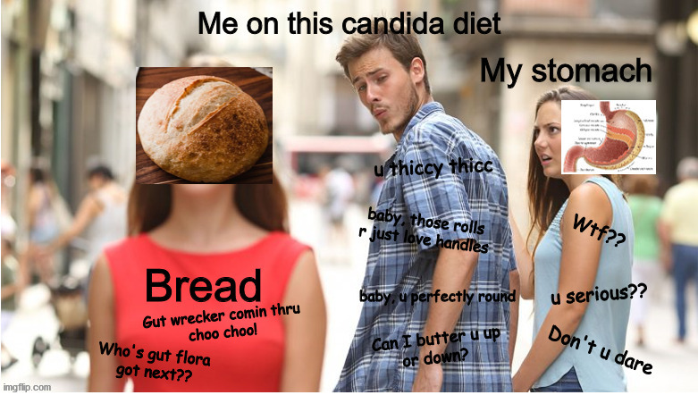 Candida | u thiccy thicc; Wtf?? baby, those rolls
r just love handles; u serious?? baby, u perfectly round; Gut wrecker comin thru
choo choo! Can I butter u up
or down? Don't u dare; Who's gut flora 
got next?? | image tagged in stomach | made w/ Imgflip meme maker