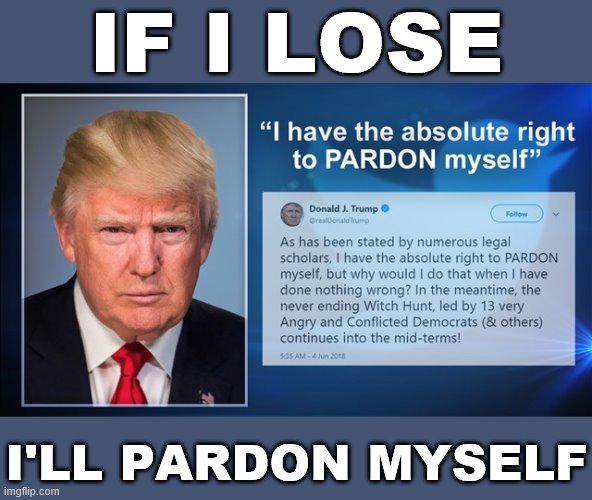 Trump's game plan. Or perhaps he truly does believe he has "done nothing wrong." | IF I LOSE; I'LL PARDON MYSELF | image tagged in trump pardon tweet,pardon,constitution,the constitution,president trump,trump is an asshole | made w/ Imgflip meme maker