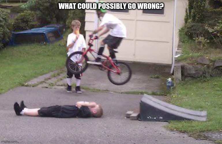 what could go wrong | WHAT COULD POSSIBLY GO WRONG? | image tagged in pain,funny,what could go wrong,fail,bike,kids | made w/ Imgflip meme maker